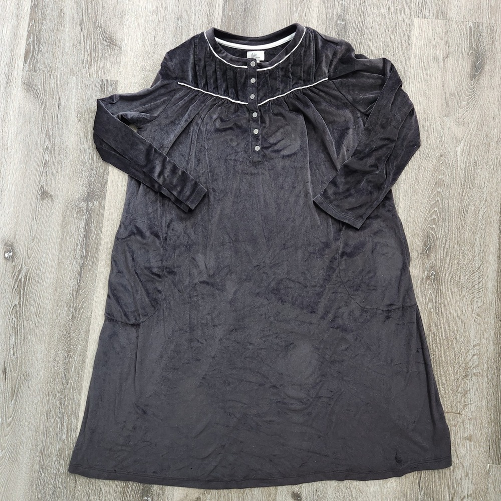 Aria Collection Womens Black Velour Nightgown Long Sleeve Pockets Large